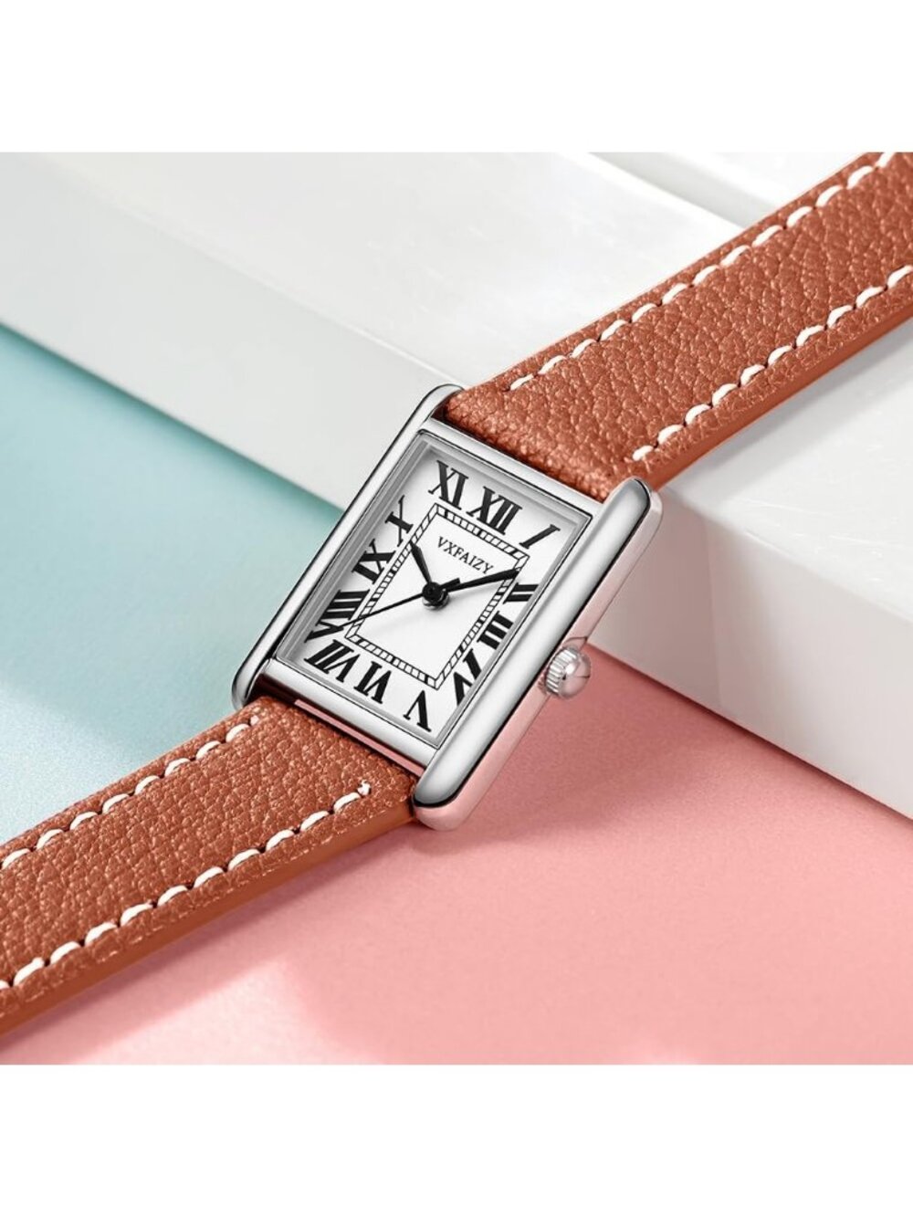 Women's Khaki Silver Vintage Roman Number Genuine Leather Strap Wrist Watches - Picture 4 of 6